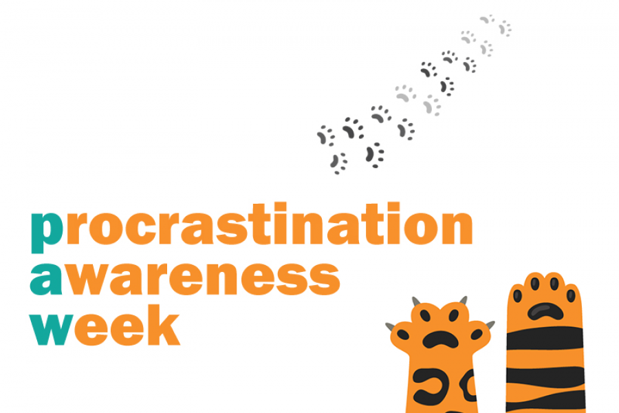 orange and black striped cat and dog paw with text that reads Procrastination Awareness week (national campaign graphic)