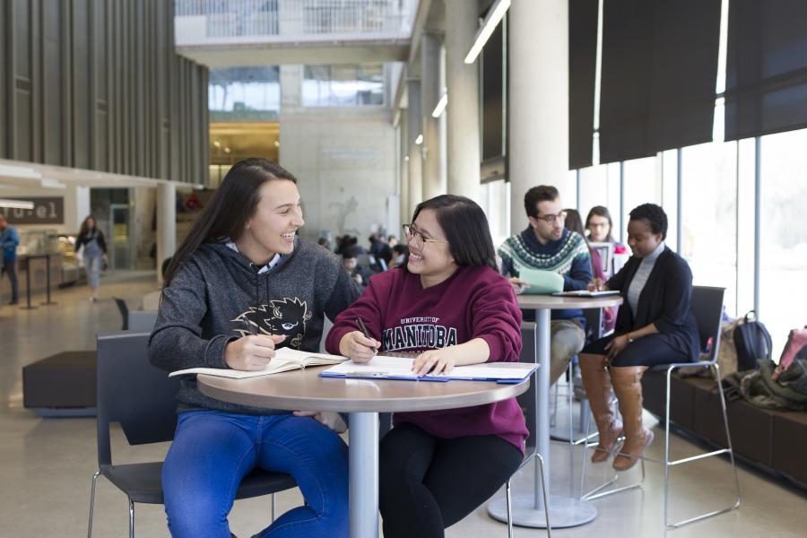 Students working together at a table in the Agora of the Active Living Centre