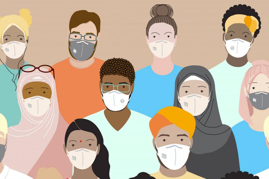 A digital graphic of people of all different backgrounds wearing medical masks.