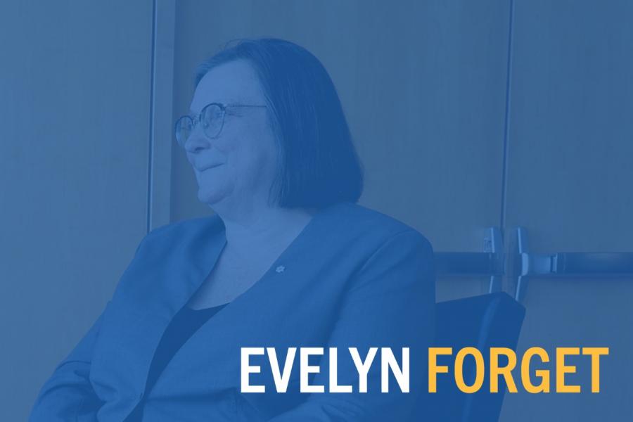 Evelyn Forget sitting on a chair, with a blue graphic overlaid.