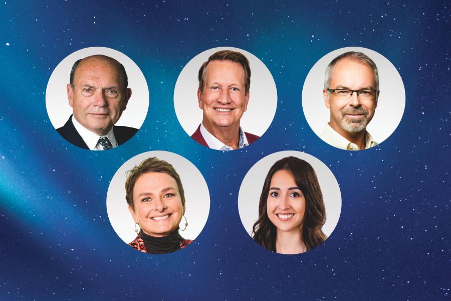 Dark blue sky background with headshots of Dr. Arnold Naimark, Charlie Spiring, Dr. Peter McPherson, Pam Klein and Dr. Carly McLellan.