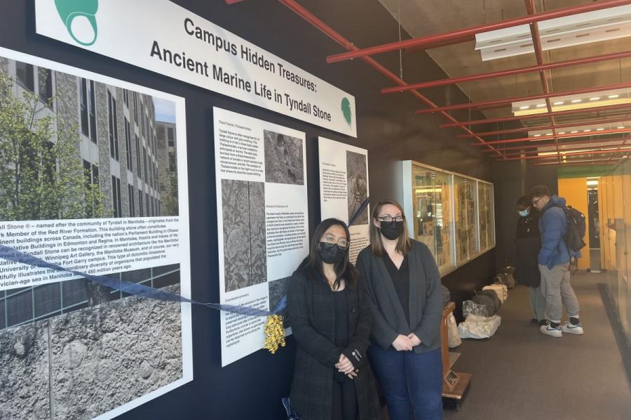 Two people stand in front of photos and descriptions on the wall beside fossils in the Wallace Building. A plaque behind them says Campus Hidden Treasures: Ancient Marine Life in Tyndall Stone.
