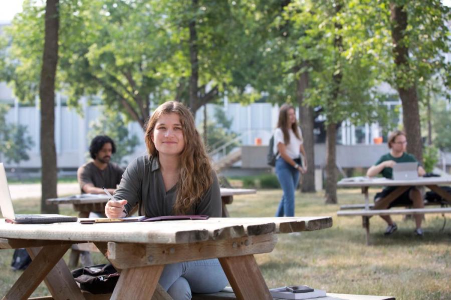 An image of a student outside in summer working on their studies.