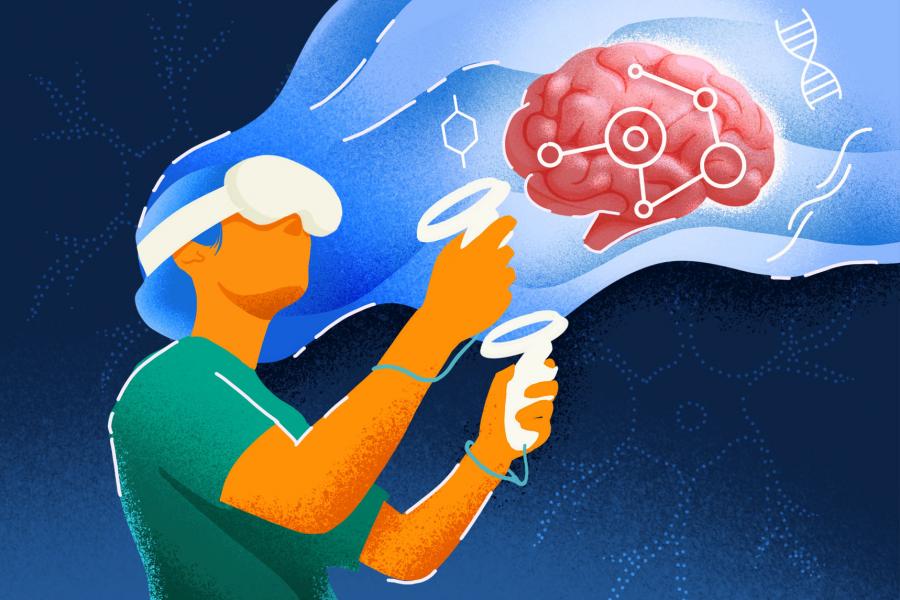 Graphic illustration of a person wearing a virtual reality headset looking at an image of a brain.