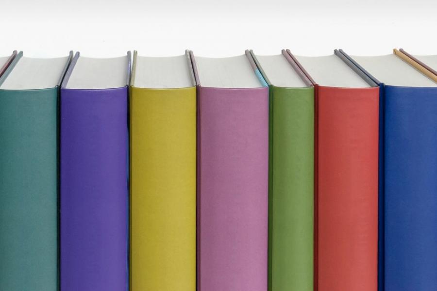 The spines of colourful books make a rainbow of colours in a row.
