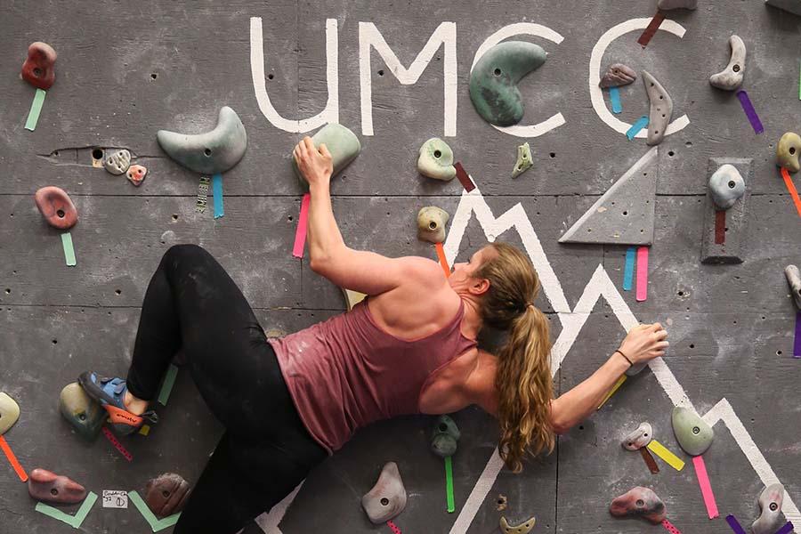 Climber on the bouldering wall