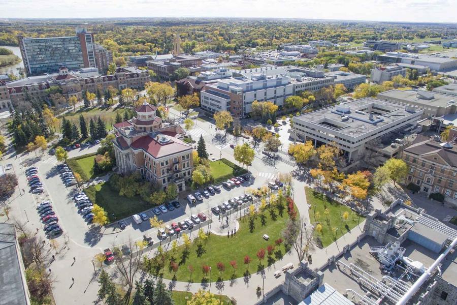 An overhead photo of the University of Manitoba Fort Garry campus.