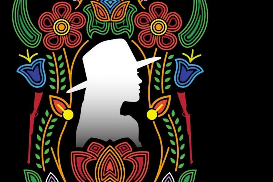 decorative illustration of a Métis woman in a brimmed hat surrounded by a Métis flower pattern.
