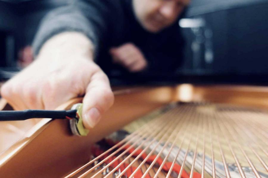 Close-up of a person reaching into the inside of a piano where the strings are visible.