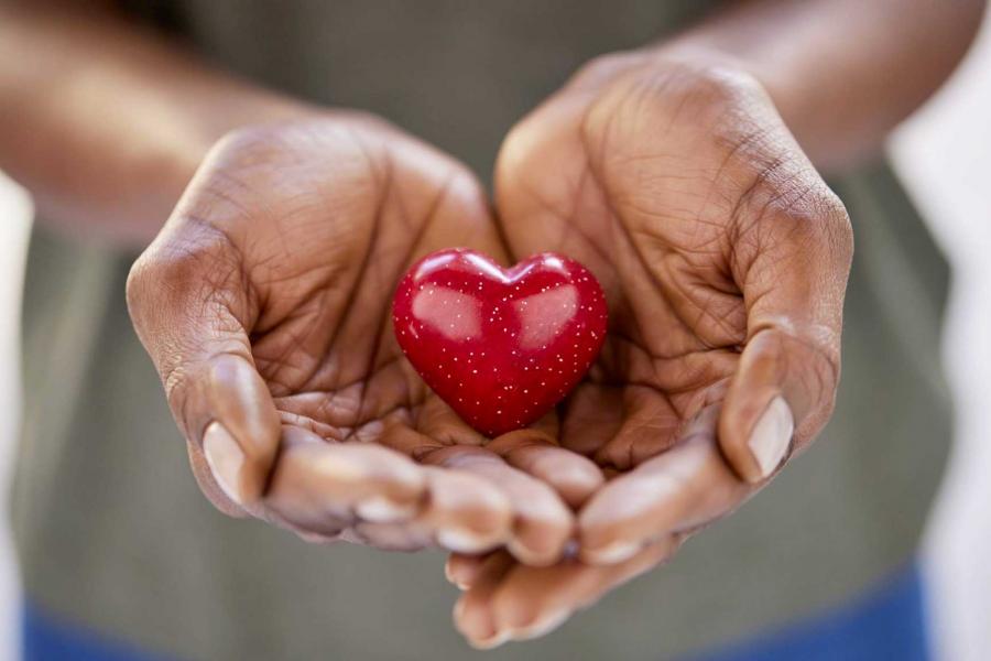 A person holding an apple rendered to look like a heart in the palms of their hands.