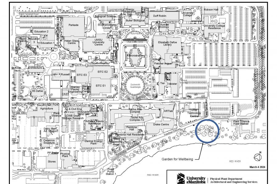 A overhead black and white map of the University of Manitoba campus with future Garden of Wellbeing circled.