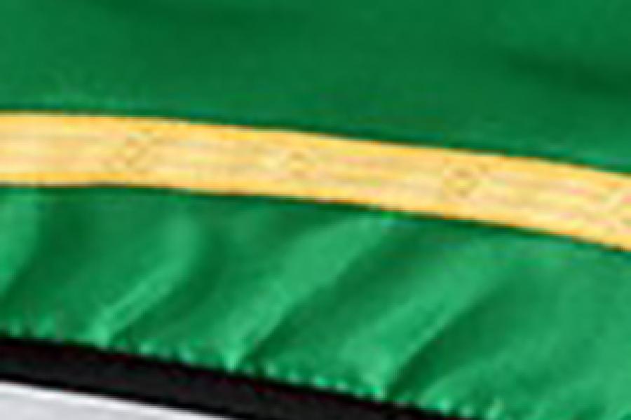 A black graduation hood with a emerald green lining and a gold braid.