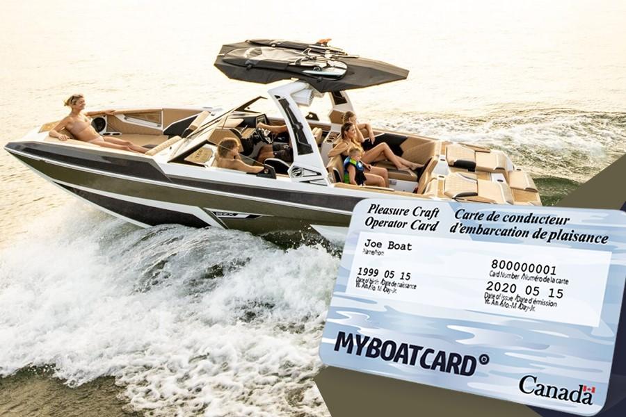 Power boat in water with Pleasure Craft Operator Card