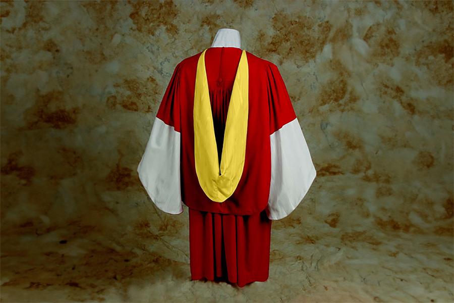 A scarlet red gown with a trim of white watered silk with a gold-yellow hood lining.