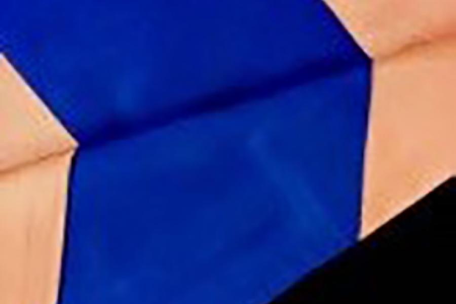 A graduation hood with a deep gold lining and a royal blue chevron.