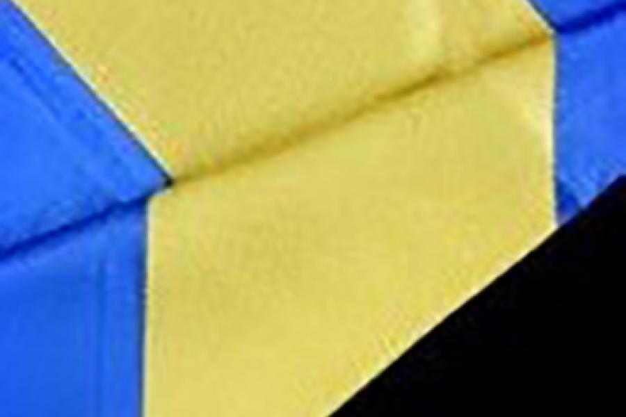 A graduation hood with a royal blue lining and a gold-yellow chevron.