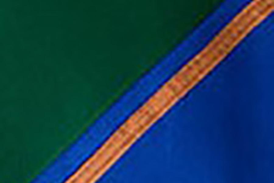 A graduation hood with a forest green lining and a blue chevron with a copper braid.