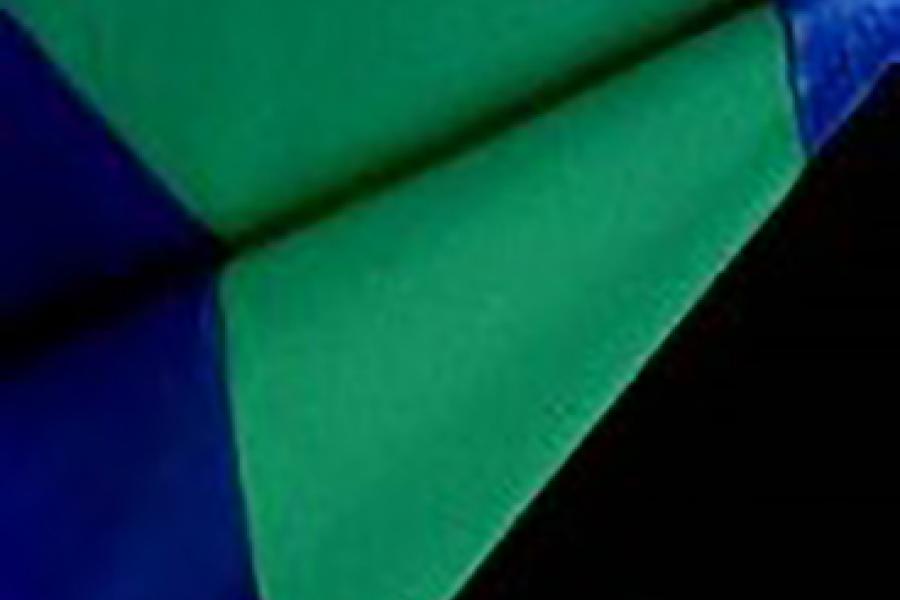 A graduation hood with a purple-blue lining and a blue-green chevron.