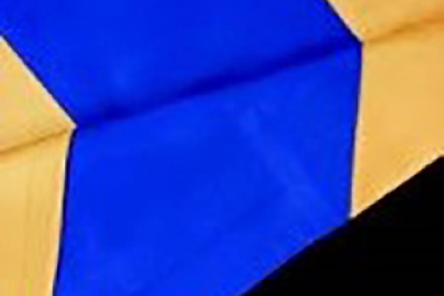 A graduation hood with a gold-yellow lining and a royal-blue chevron.