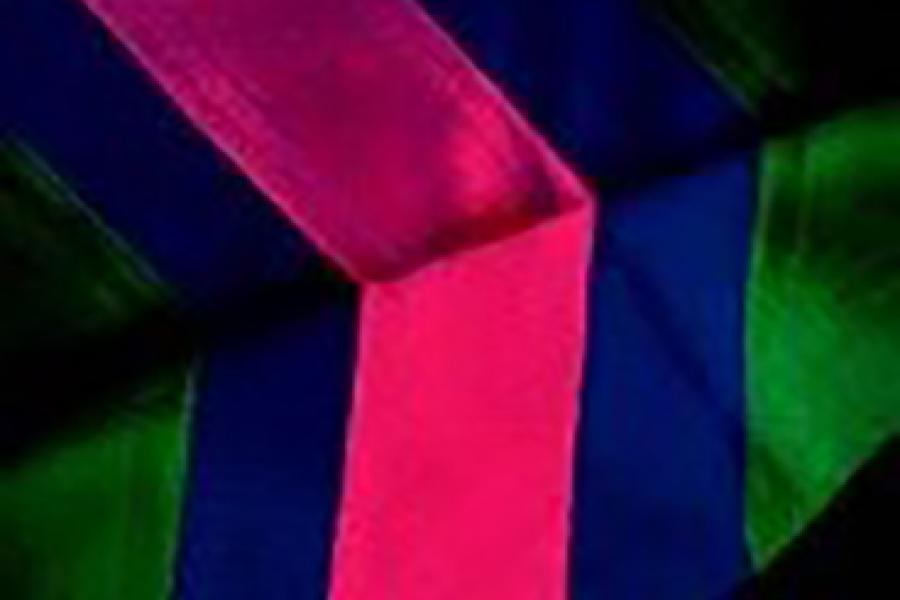 A graduation hood with an emerald green lining, a scarlet chevron and a purple/blue band.