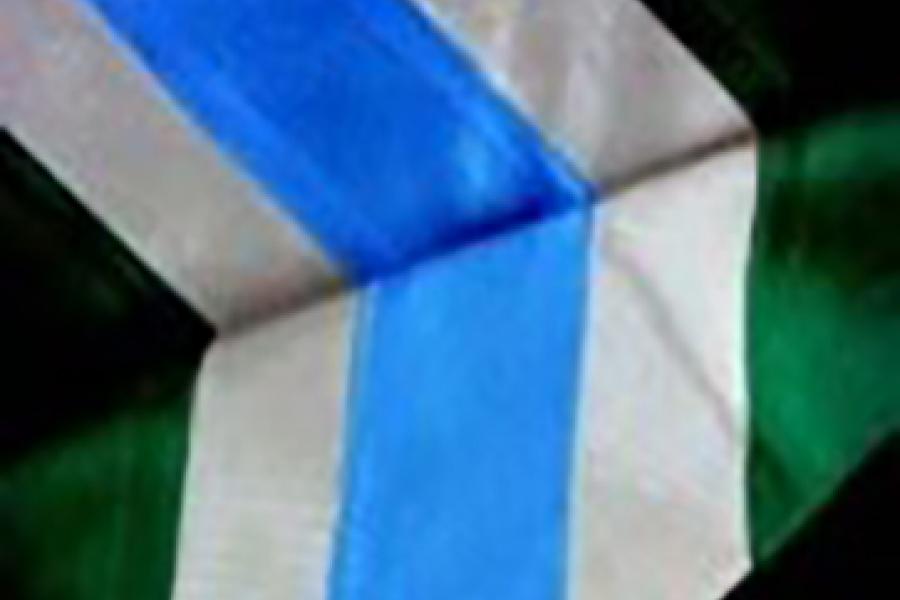 A graduation hood with a deep chrome green lining, a sapphire blue chevron, and a dove grey band.