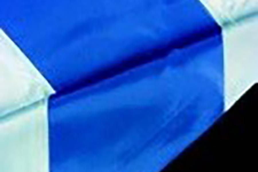 A graduation hood with a light blue lining, and a dark blue chevron.