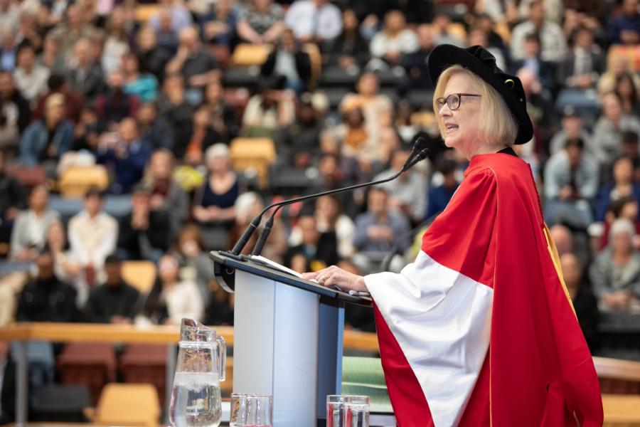 Linda J. Kristjanson speaking at convocation.