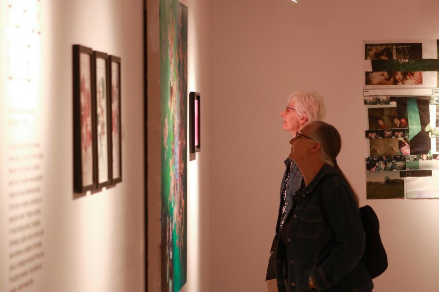 Two people view art exhibited on a wall.