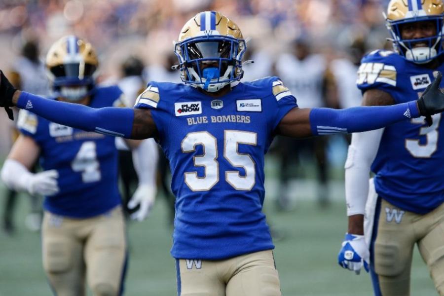 Winnipeg Blue Bombers' Demerio Houston (35) celebrates his interception against the Hamilton Tiger-Cats during first half CFL action in Winnipeg Friday, June 9, 2023 (CP)