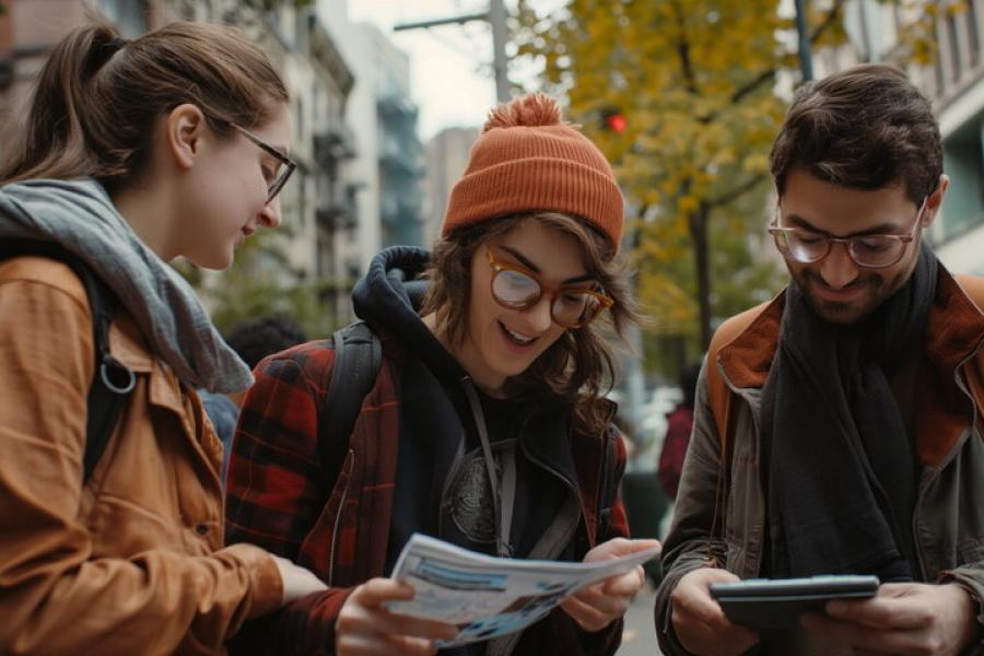 three people read clues on paper