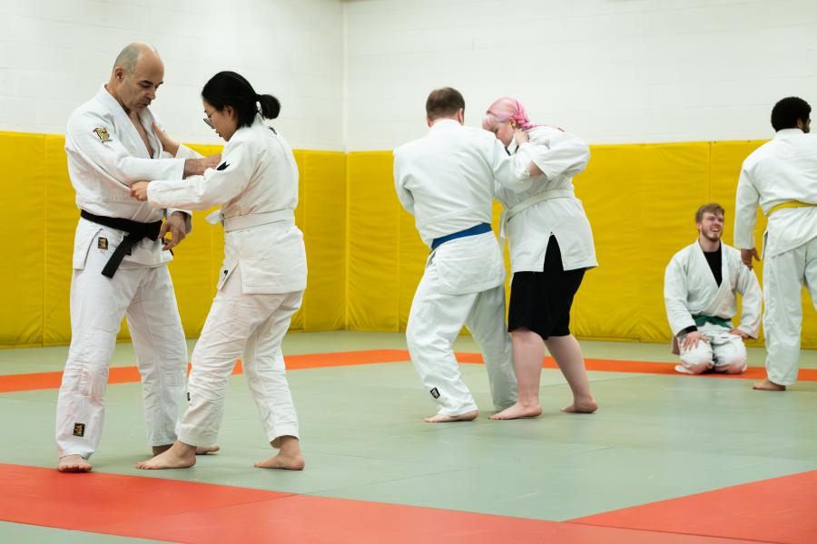 A judo class practicing holds on one another