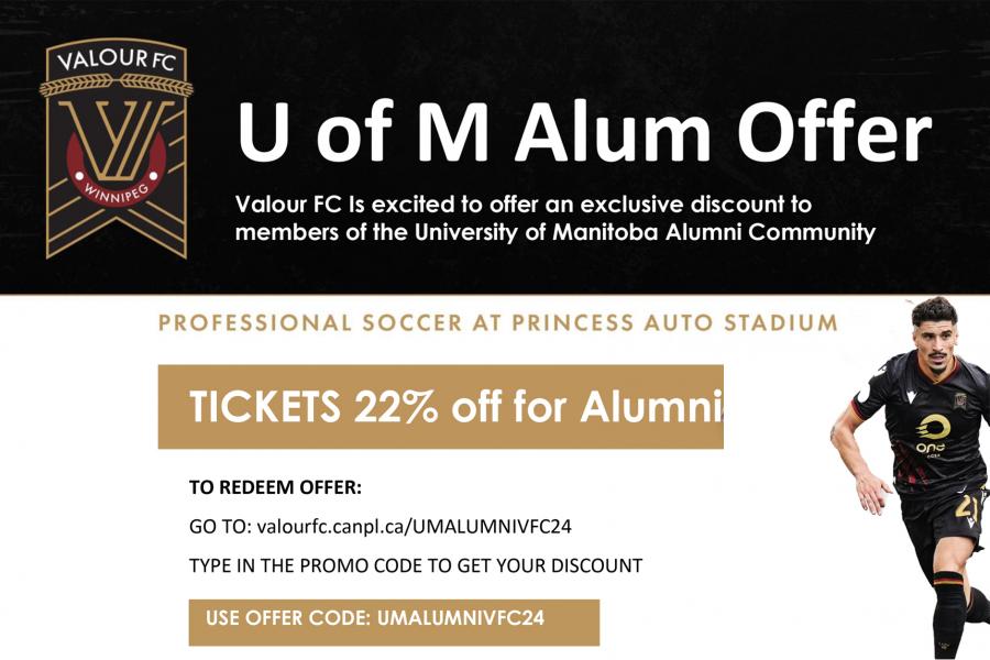 Soccer player with description of alumni discount offer