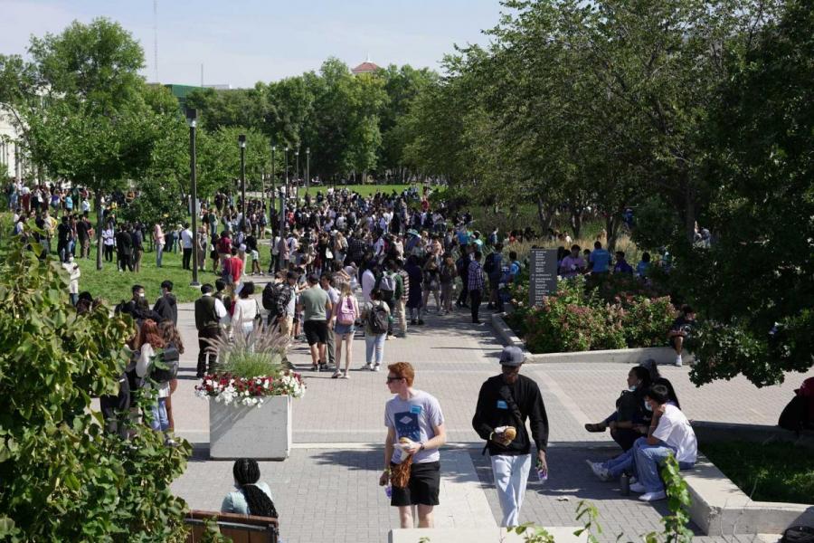 Students walking along the pedway