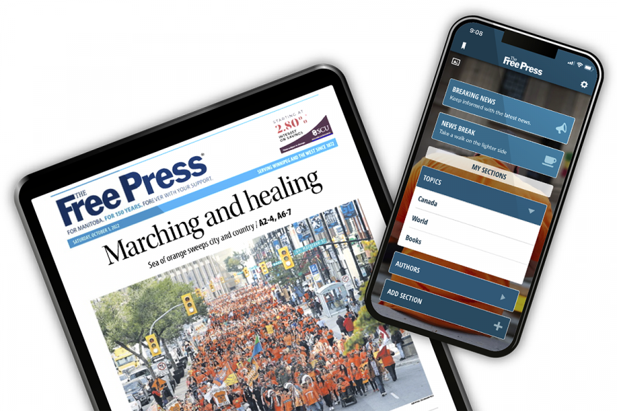 Cover page of Winnipeg Free Press newspaper with home page of their app