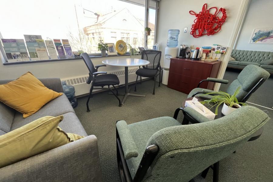 The brightly-lit welcome space in UM's SVRC full of comfy furniture