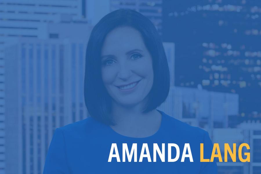 An opaque blue overlay overtop an image of Amanda Lang. There is text in the bottom left hand side that reads "Amanda Lang."