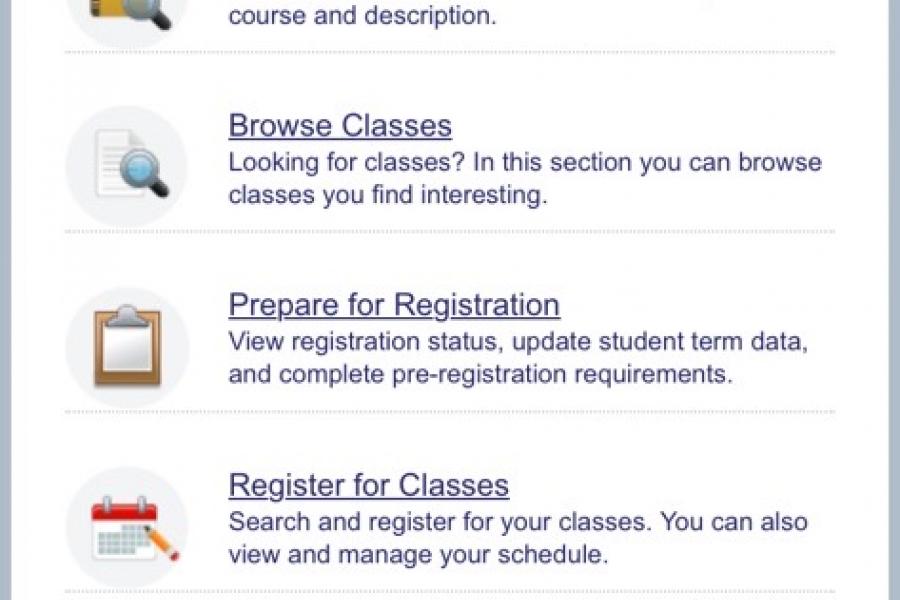 Image of Aurora Registration Dashboard. Menu items include Browse Course Catalog, Browse Classes, Prepare for Registration, Register for Classes and View Registration Information.