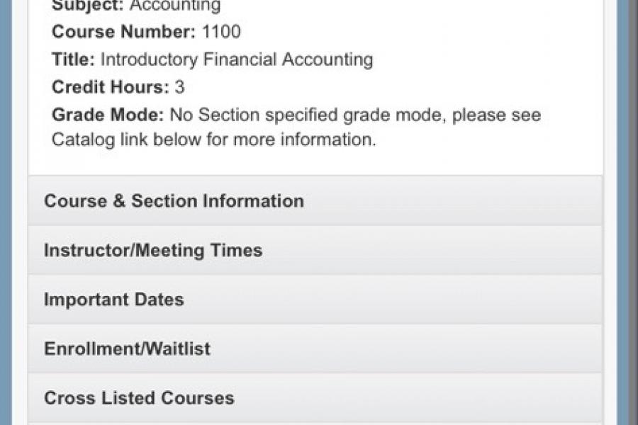 Image of Class Details view for Introductory Financial Accounting. Provides detailed course information and a menu of further information available.