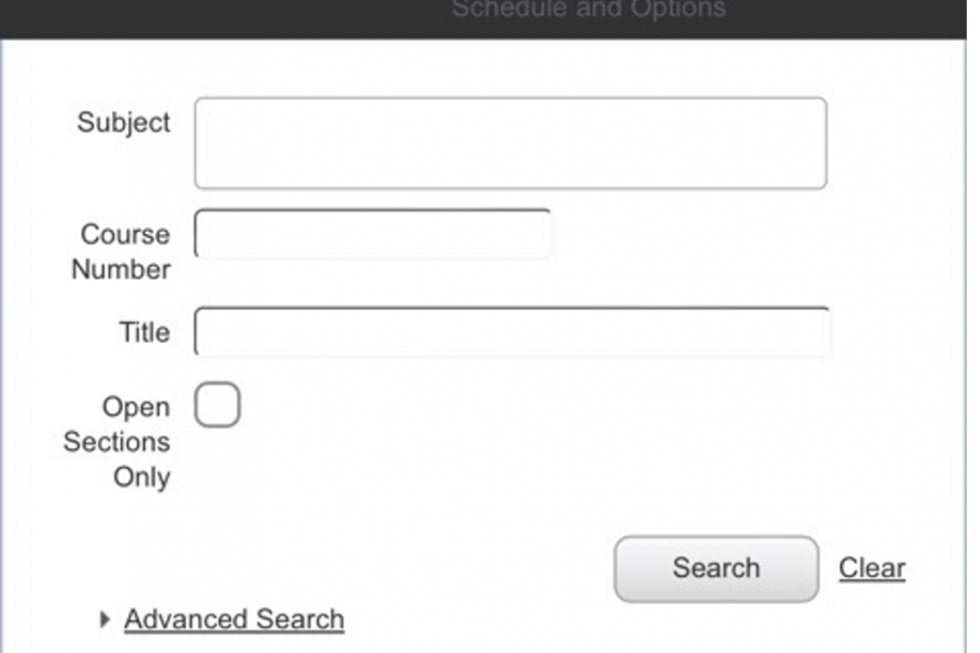 Image of find classes page in Aurora. Fields displayed include Subject, Course Number, Title, and unchecked box to narrow search to "Open Sections Only." All fields are left empty.