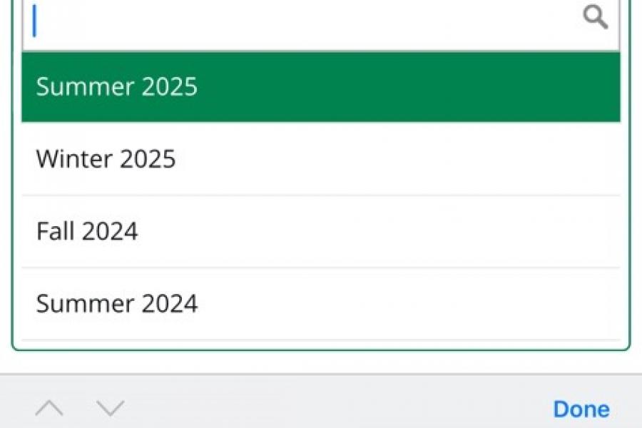 Image of Select Term page on Aurora Registration Mobile. Includes drop-down menu of upcoming and recent academic terms.