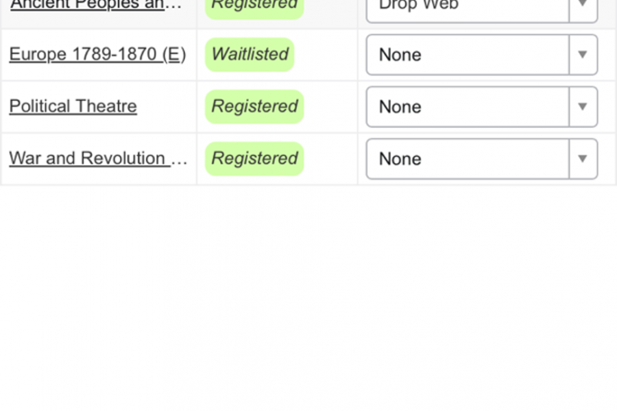 Sample Class Summer for Fall 2024 term.  Includes 4 courses. Student is registered in 3 courses, and on the waitlist for 1. Student has selected "Drop Web" under Action for the course at the top of the list. The "Submit" button is circled in red.