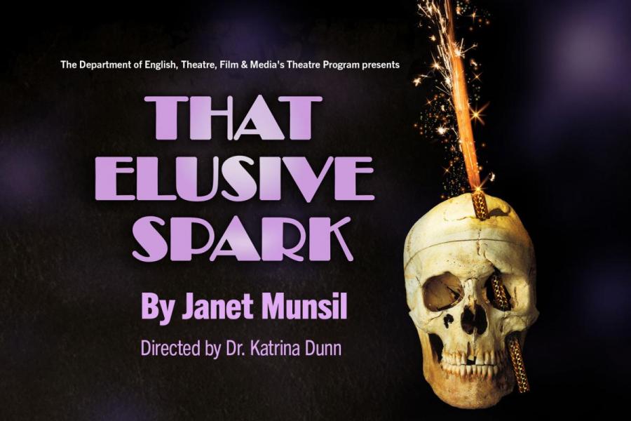 theatre poster featuring skull with spark on the right over dark background and purple text with the works 'that elusive spark'