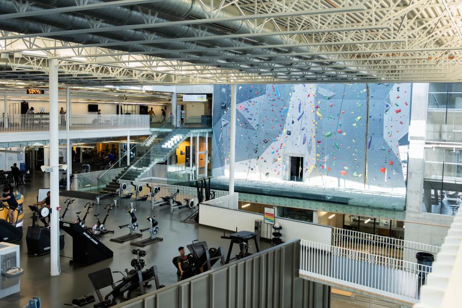 A wide shot of the Active Living Centre featuring the climbing wall