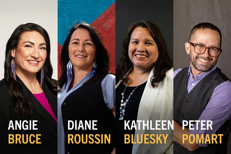 Portraits of Angie Bruce, Diane Roussin, Kathleen Bluesky, and Peter Pomart, shown side by side with their names in bold text.