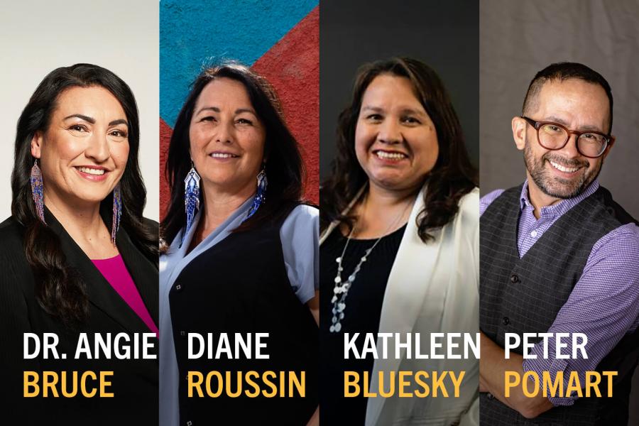 Portraits of Dr. Angie Bruce, Diane Roussin, Kathleen Bluesky, and Peter Pomart, shown side by side with their names in bold text.