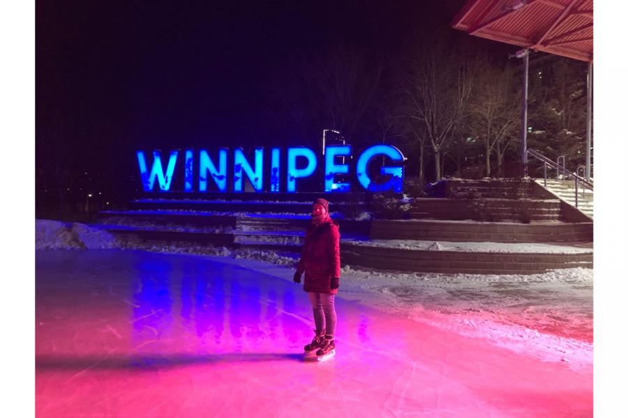 Exchange student Tanja ice skating at the Forks, Winnipeg.