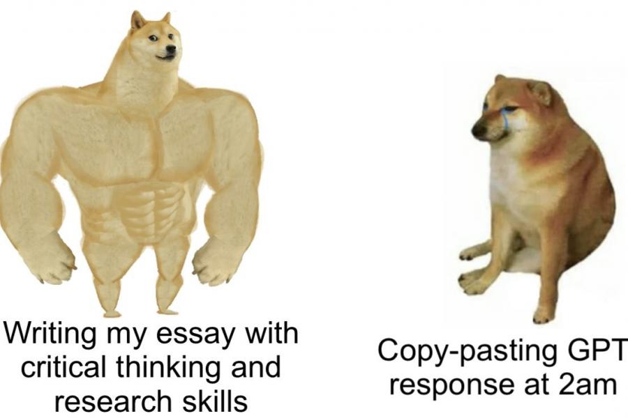 Image of a strong dog who completes their essay with integrity compared to a sad dog who did not use integrity