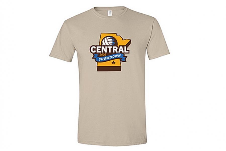 Beige tshirt with a logo on the front.