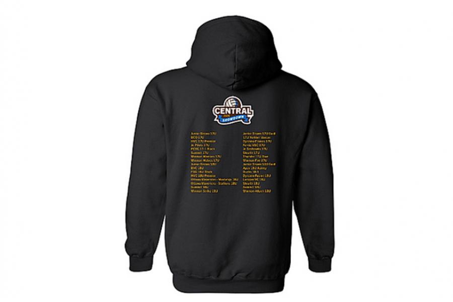 Black hoodie showing a list of team names on the back.