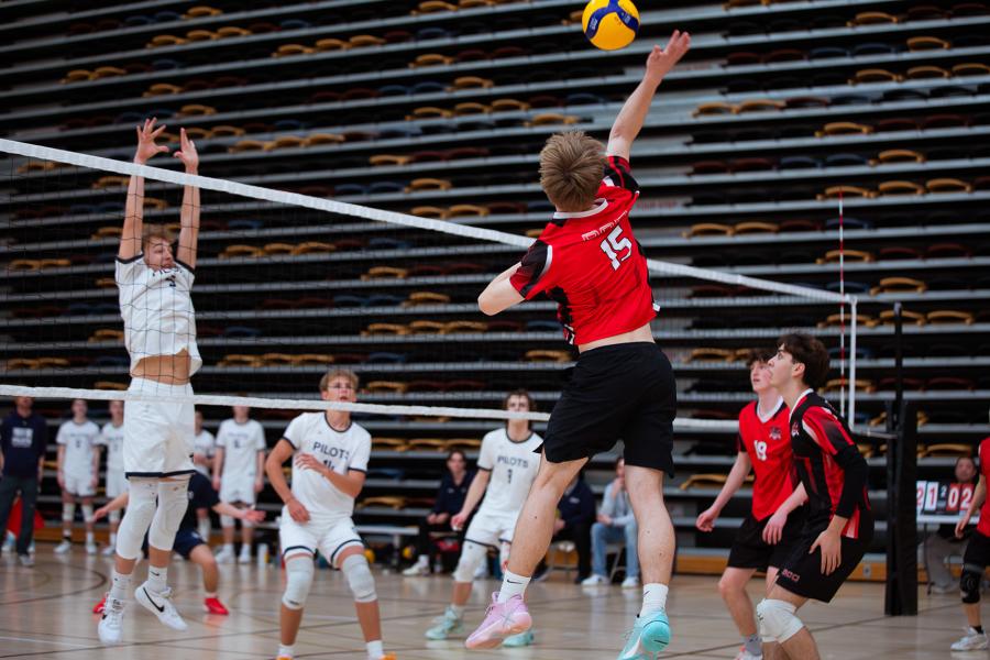 A player smashes the ball at the Central Showdown volleyball tournament March 2026.